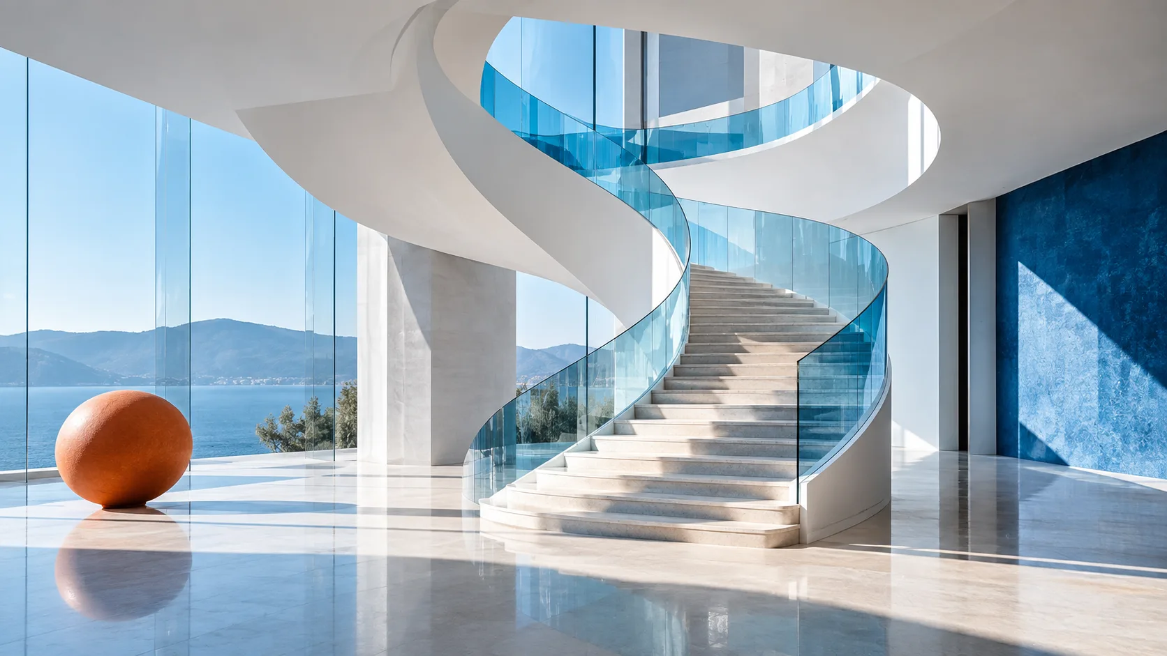 Sunlight across a sculptural white staircase and blue glass